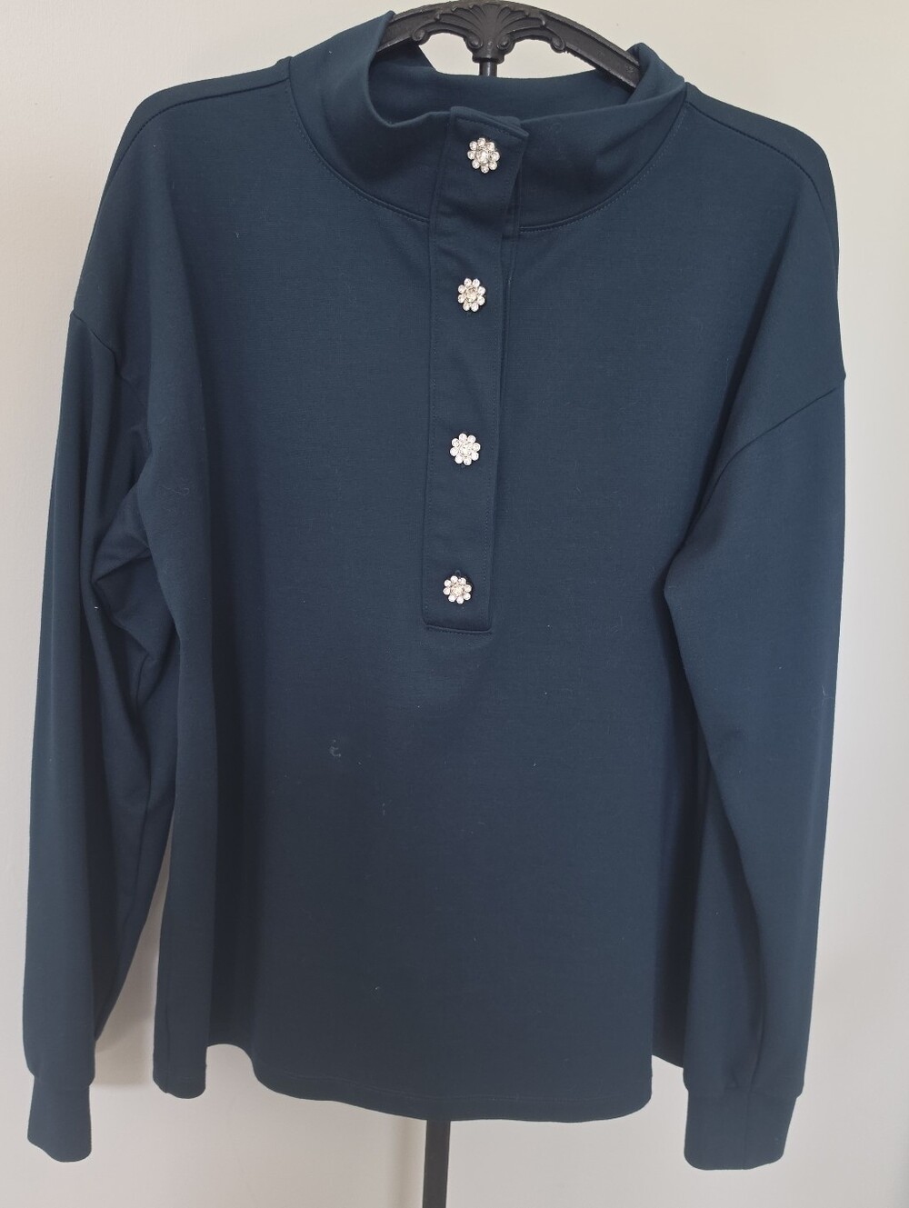 Ann Taylor Ominous Teal Green Jeweled Button Shirt SM